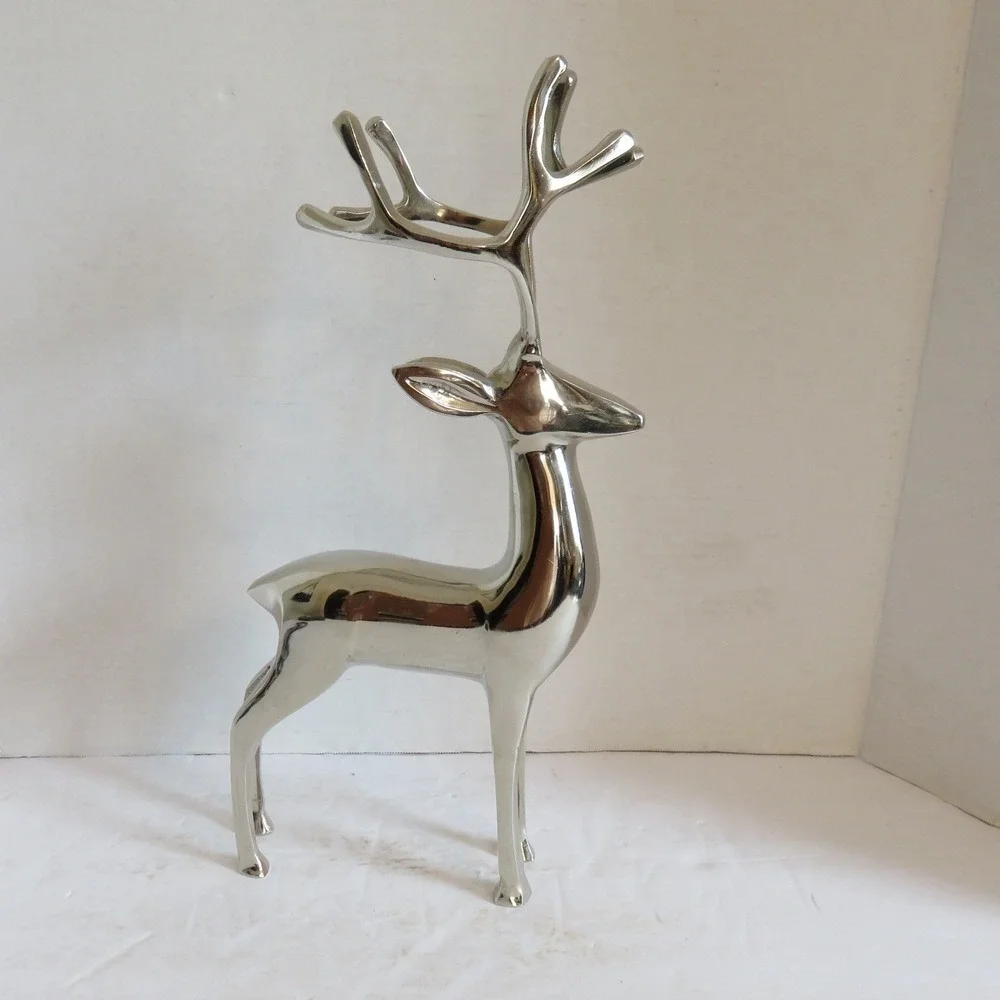 Modern Silver Polished Metal Reindeer Figurine 14 Inch Holiday Decor Stag Buck